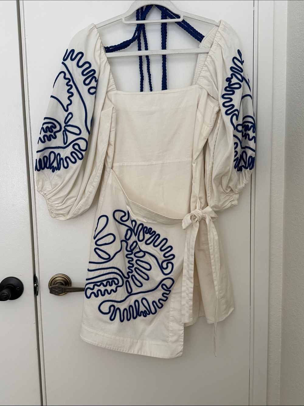 Alexis Cream Mini Dress with Navy Blue Embroidery